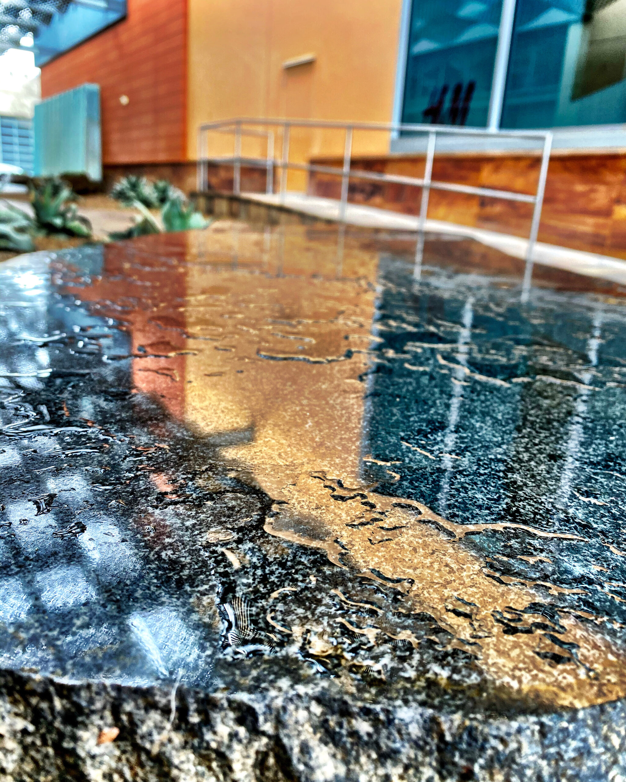 Abstract architectural reflection with layered color and texture.